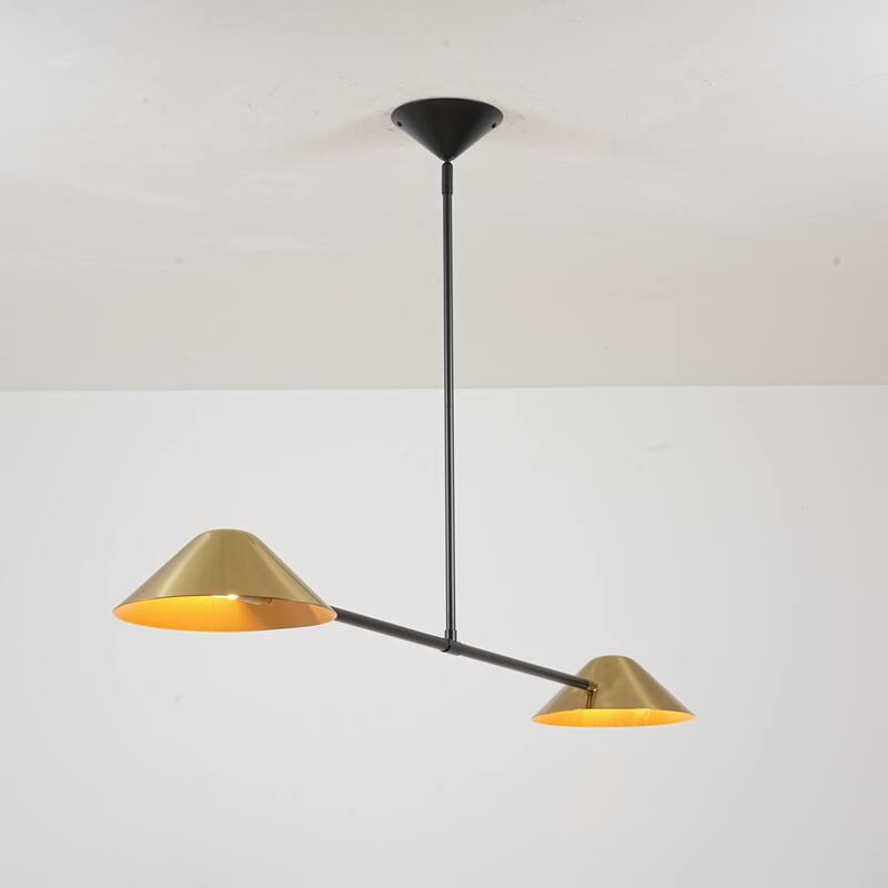 2-Light Industrial Black and Brass Linear Cone Pendant Light - 53.94" L × 3.94" H × 9.84" D