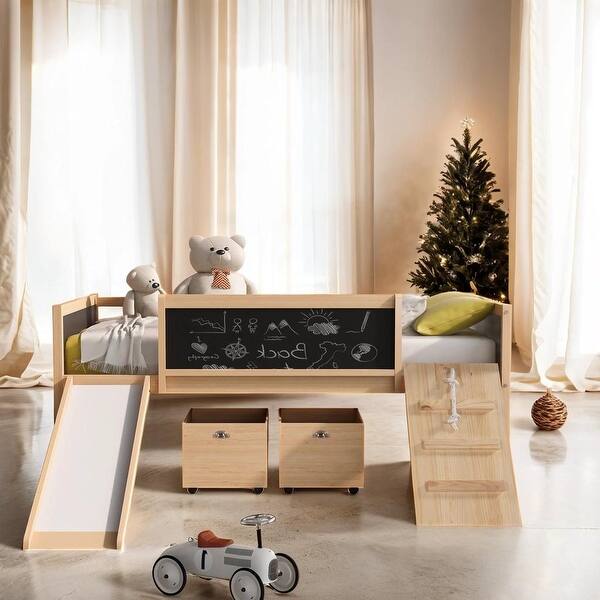 slide 2 of 64, Novel Design Twin size Climbing Frame & Rope Loft Bed Wood Bed with Two Storage Boxes,Space-Saving Natural