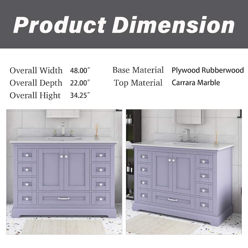 48 inch Plywood Single Sink Freestanding Bath Vanity with White Marble Top - 48" x 22"