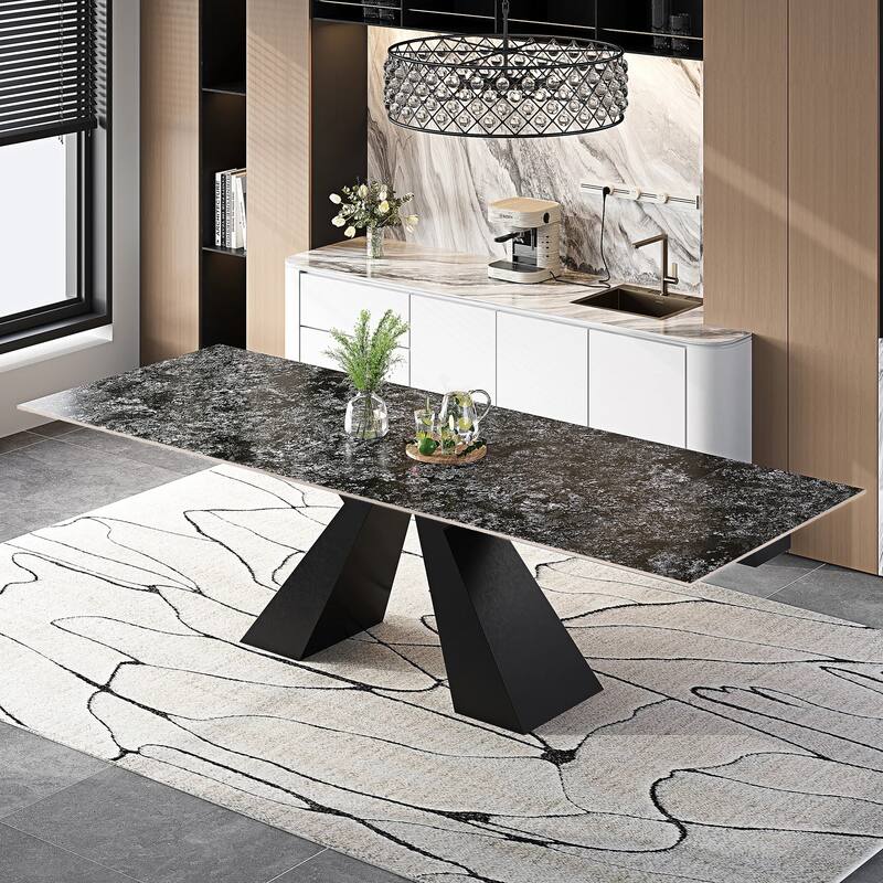 110.24" Extendable Rectangular Sintered Stone Double Pedestal Dining Table Seat 8-12