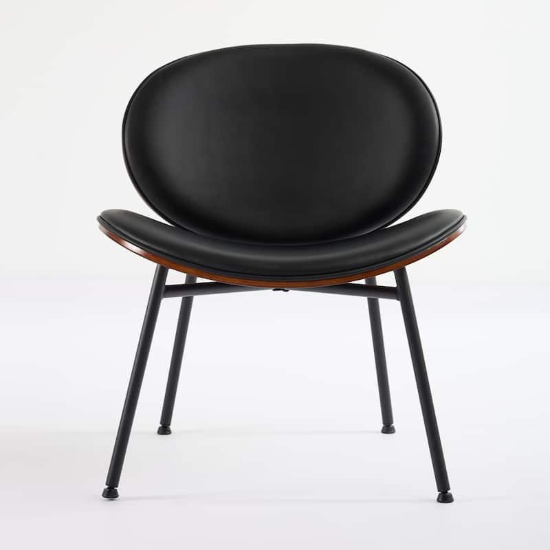 Shell Chair Single Side Chair Tripod Black Leather Lounge Chair in Walnut Finish Comfortable Backrest,Black color