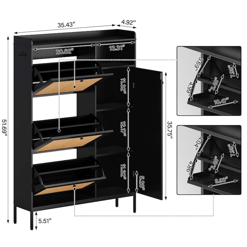 3-Tier Shoe Storage Cabinet with Rattan Doors and Adjustable Compartments