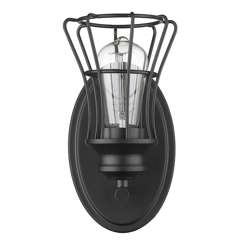 One Light Matte Black Flush Mount Industrial Cage Wall Sconce with Metal Shade and Hardwired for Indoor Use