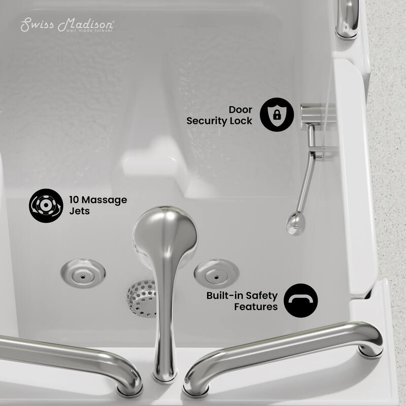 Auvergne 53" X 27" Ada Left Drain Walk-In Soaking Bathtub In White with Faucet Set, Drain, Grab Bars, Pillow - 53
