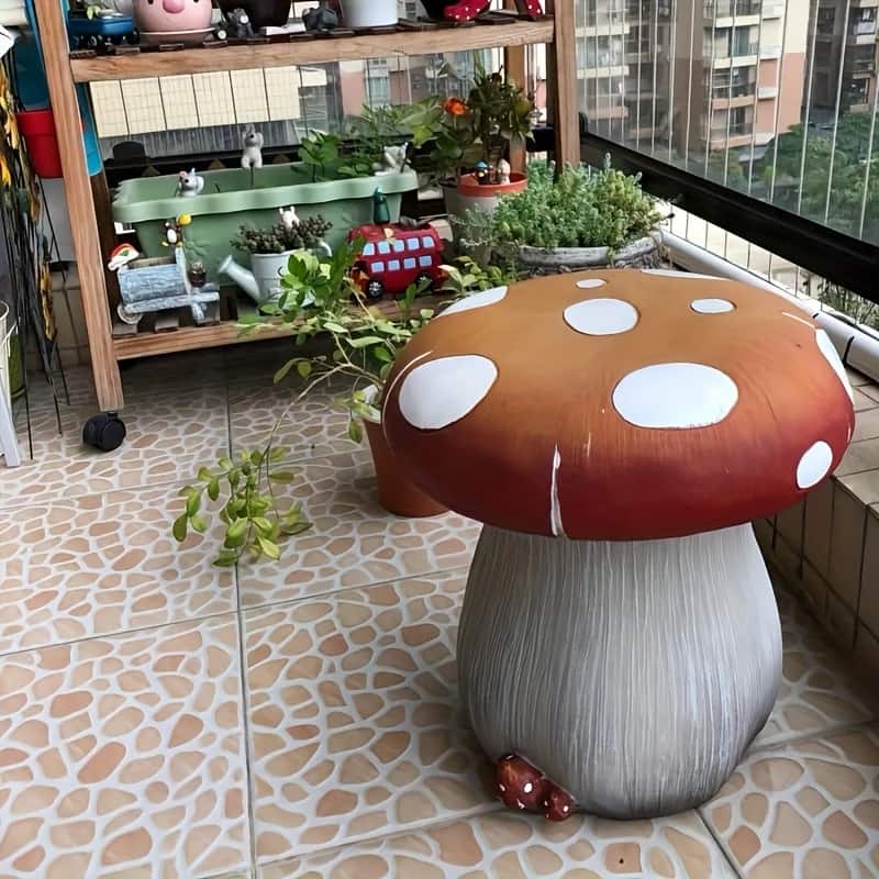 13.4" Oversized Mushroom Statue Stool, Resin Garden Stool with Forest Base, Multi-Purpose Decorative Stool for Courtyard, Lawn