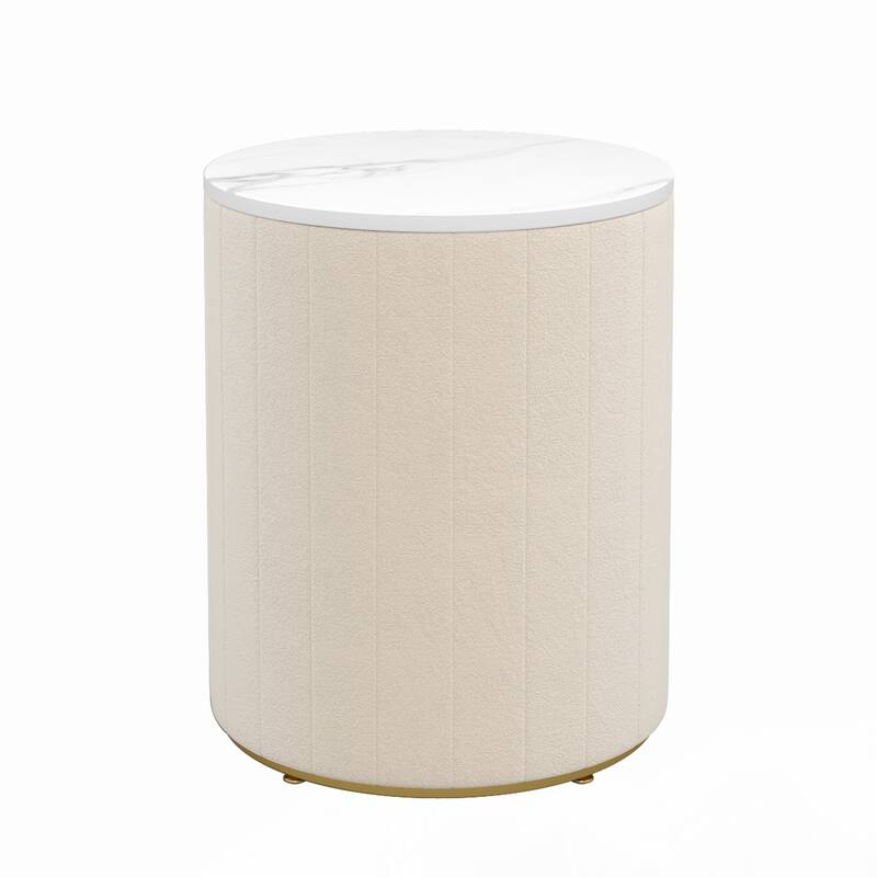 Upholstered Nightstand with 3 Drawers, Round Bedside Table, Beige