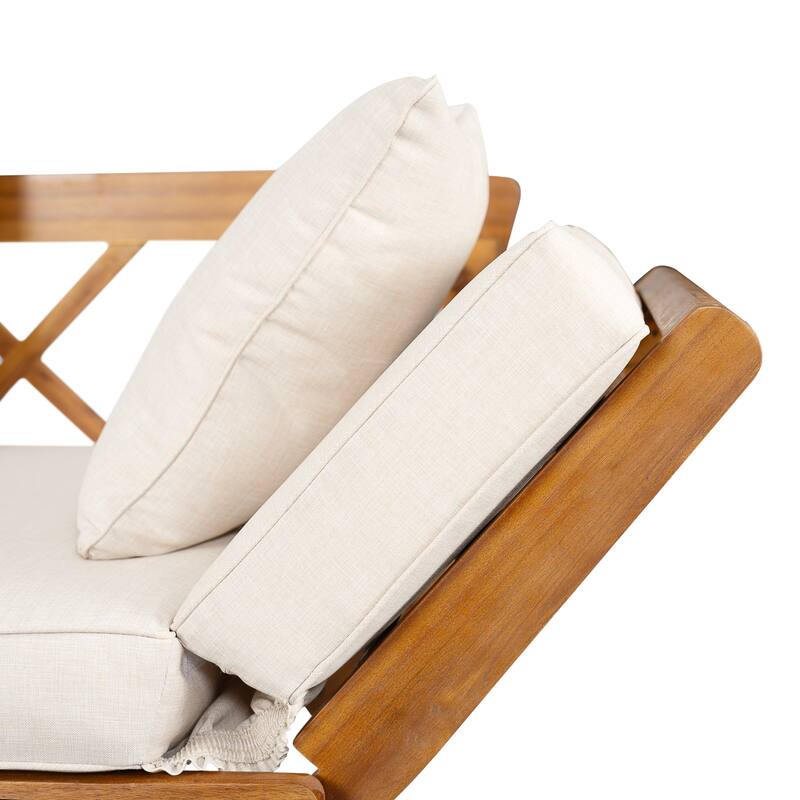 Roomfitters Outdoor Patio Daybed Sofa with Foldable Armrests, 3-Seat Acacia Wood Frame, Removable Beige Cushions