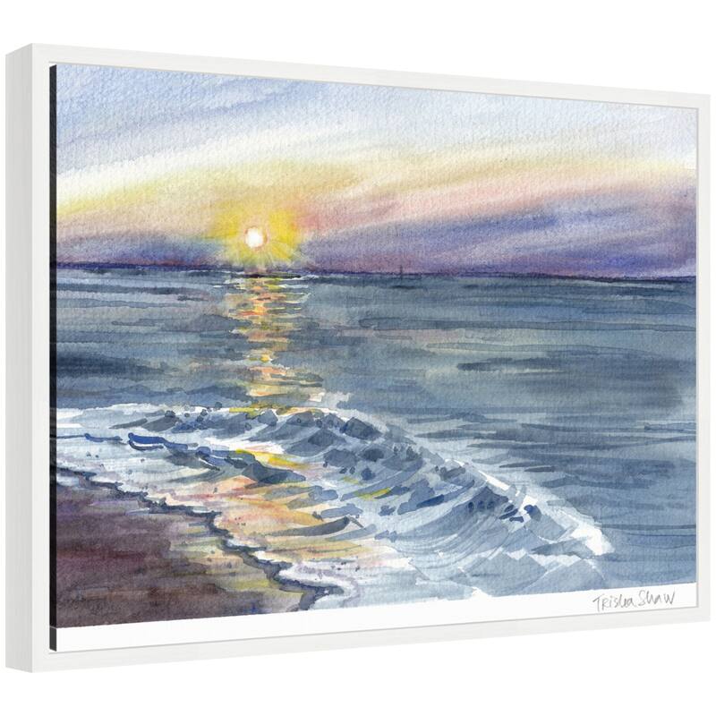 Kate and Laurel Sylvie Ocean Sunset with Purple Sky Framed Canvas by Patricia Shaw - 24x18
