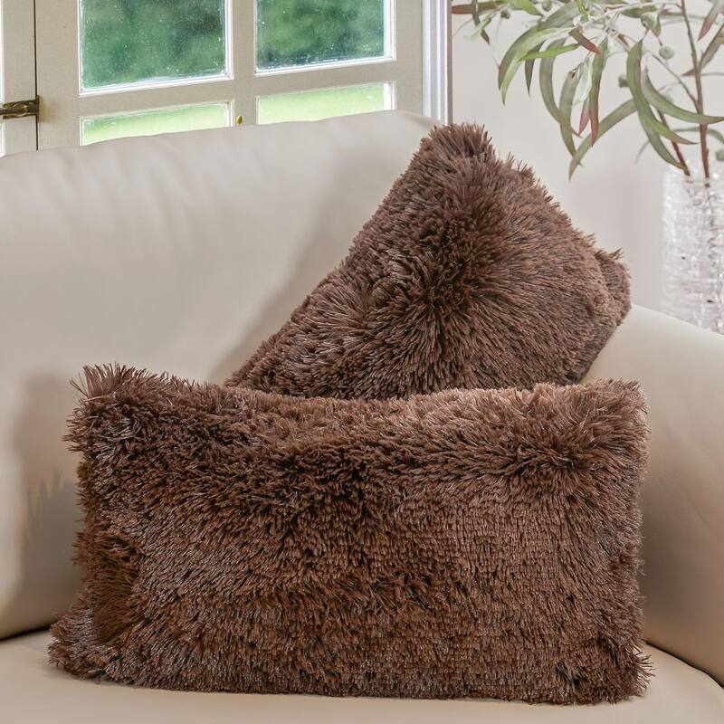 Cheer Collection 12"x20" Shaggy Long-hair Throw Pillows (Set of 2) - Chocolate