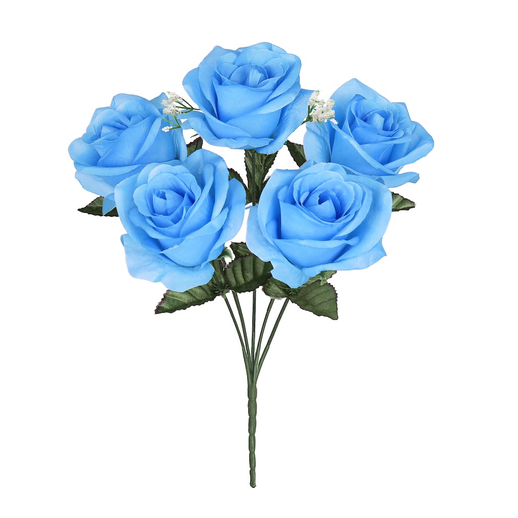 Set of 12 Blue Artificial Open Rose Flower Stem Bush Bouquet 14in - 14" L x 7" W x 7" DP