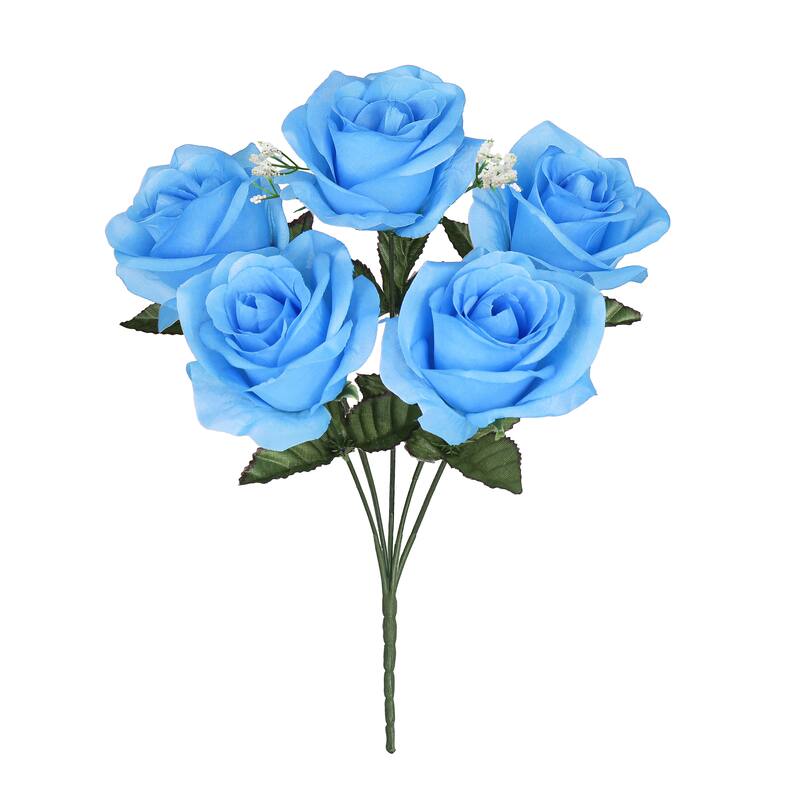 Set of 12 Blue Artificial Open Rose Flower Stem Bush Bouquet 14in - 14" L x 7" W x 7" DP