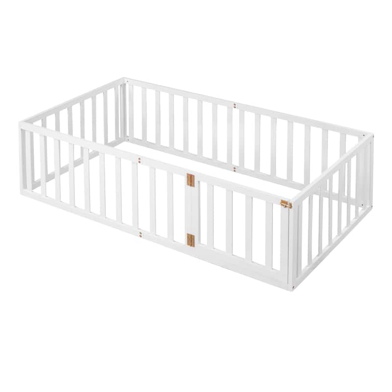 Wood Floor Bed Frame with Fence and Door, Sturdy and Durable Bed Frame, Twin Size