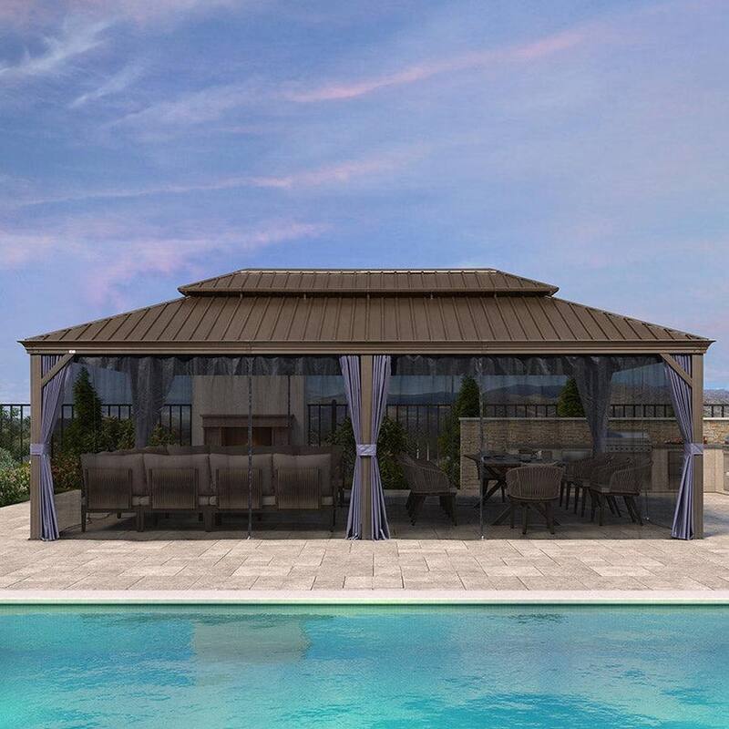PURPLE LEAF Hardtop Aluminum Gazebo with Curtains and Netting, Double Roof Patio Gazebo