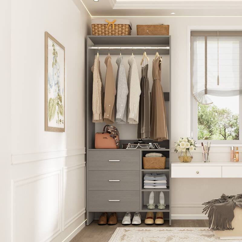 Cimly 30'' W Freestanding Closet Sytem with Hanging Rod, Closet Organizer with Drawers and Shelves