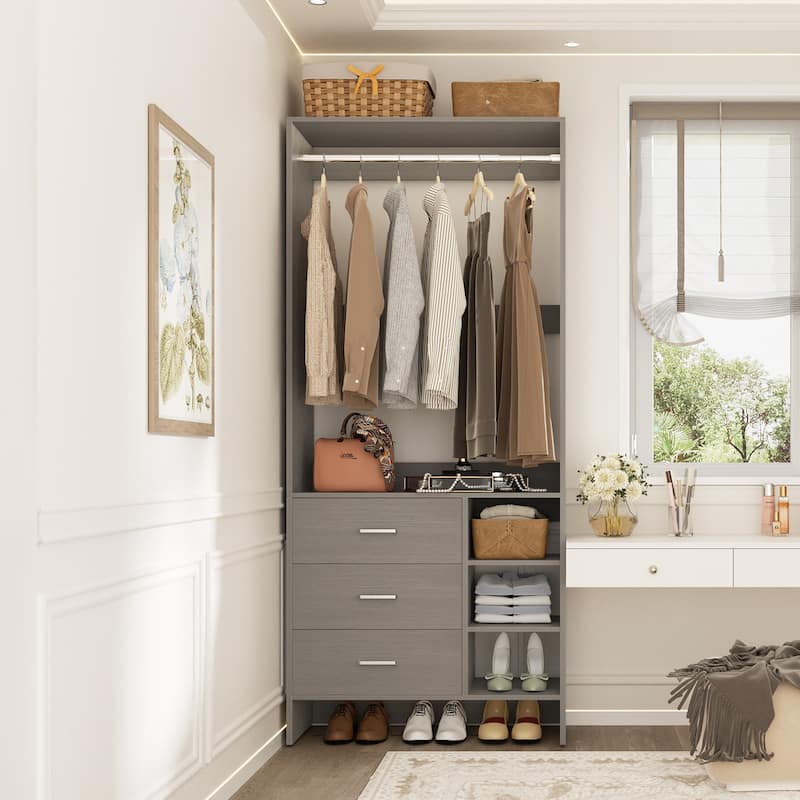 Cimly 30'' W Freestanding Closet Sytem with Hanging Rod, Closet Organizer with Drawers and Shelves - 1pc - Grey
