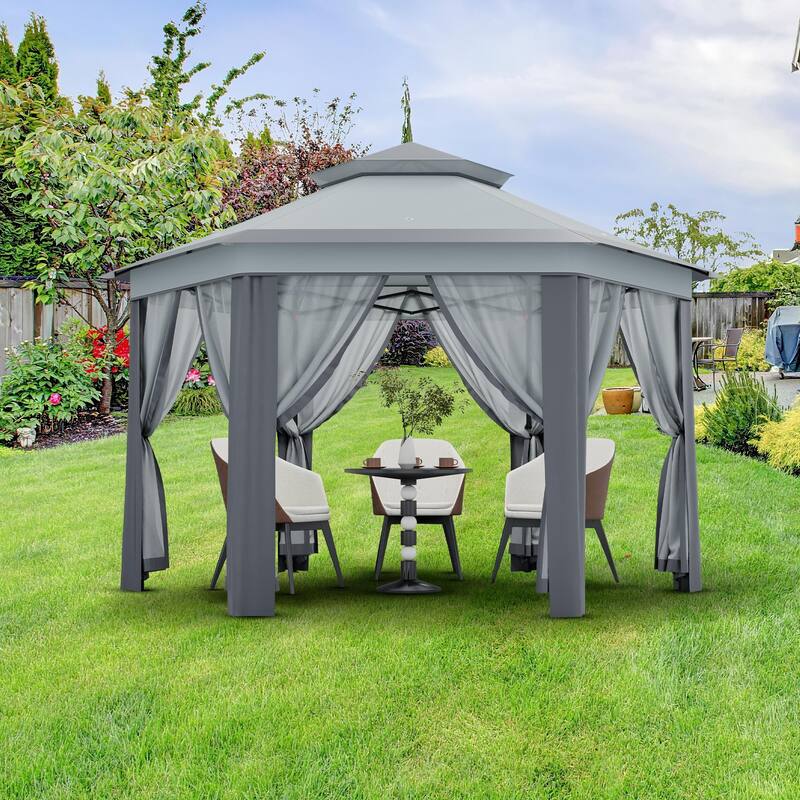 Pop Up Gazebo, Hexagonal Canopy Shelter with 6 Zippered Mesh Netting, Event Tent with Strong Steel Frame