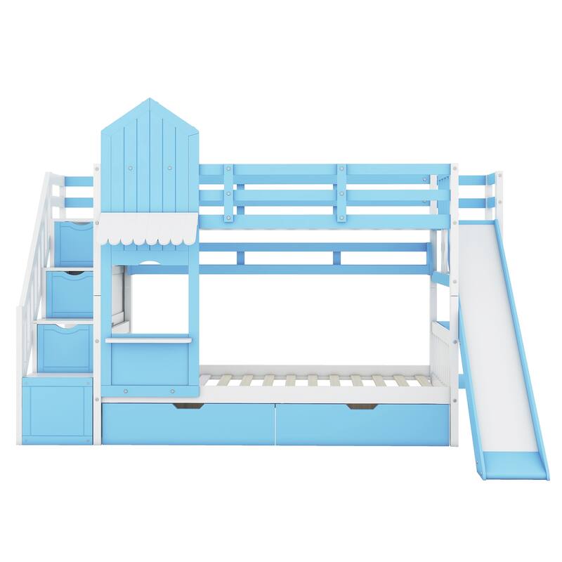 Twin-Over-Twin Castle Style Bunk Bed with 2 Drawers, 3 Shelves, and Slide - Blue
