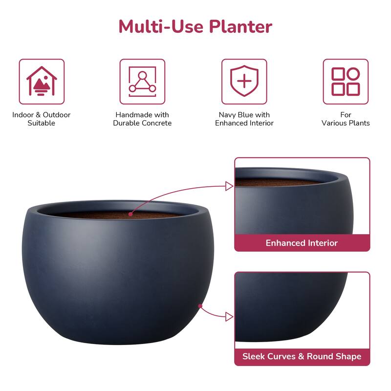Concrete Round Bowl Planter with Drainage Hole(Upgraded Interior)