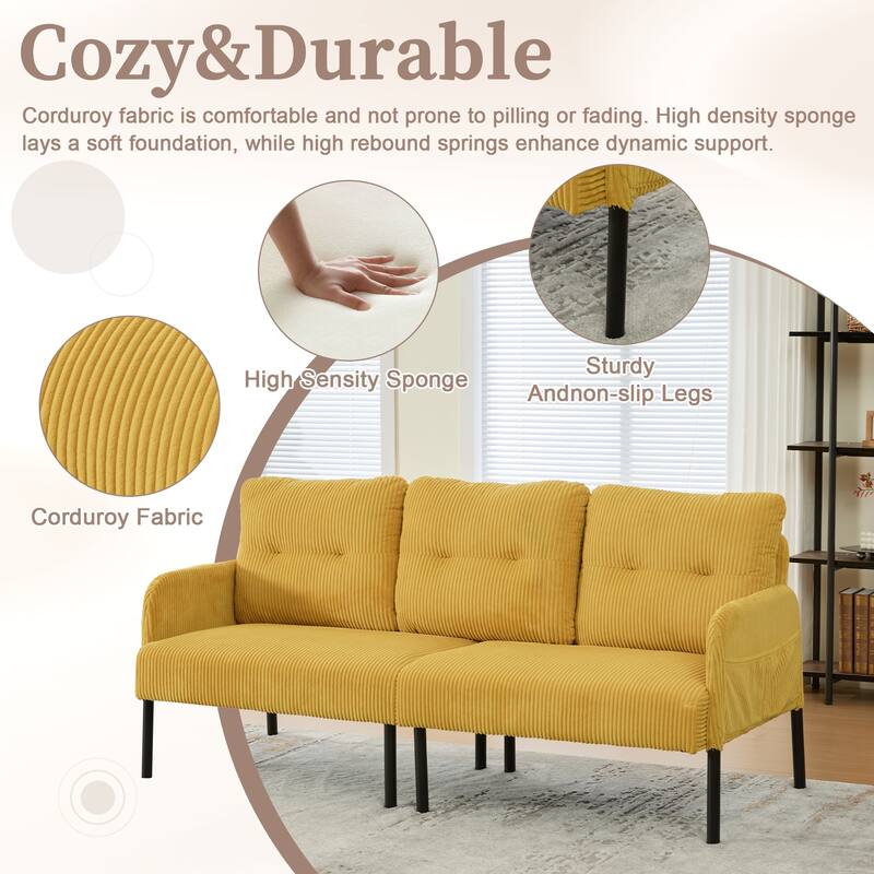 HOMEFUN Corduroy Upholstered Oversized Wood Frame Loveseat Sofa with Metal Legs and Side Pockets