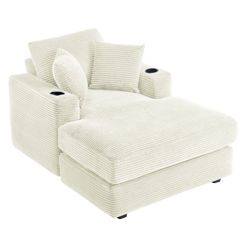 Oversized Corduroy Chaise Lounge Chair with Throw Pillows and Built-In Cup Holders