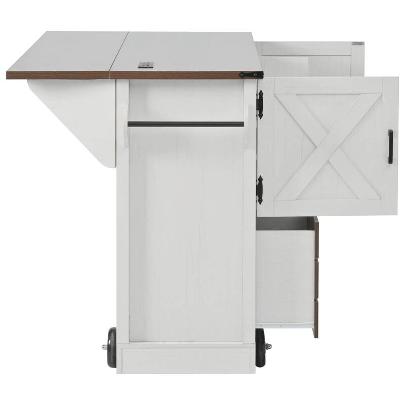 54-inch Farmhouse Kitchen Island with Drop Leaf, Power Outlet