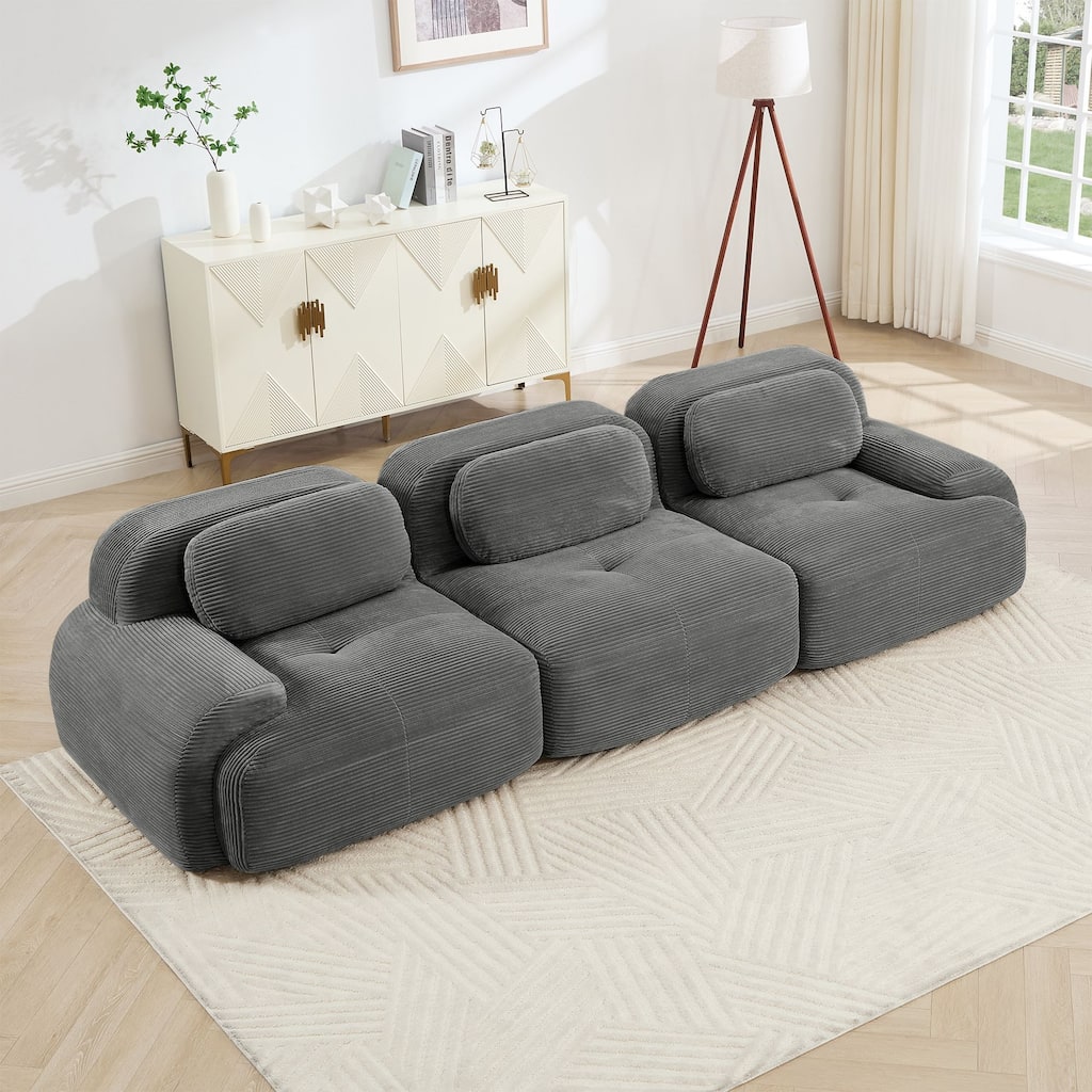 Rossetta 3-Seat Simplified Anti-Slip Style Premium Corduroy Fabric Modular Sectional Sofa with Curved Armrests