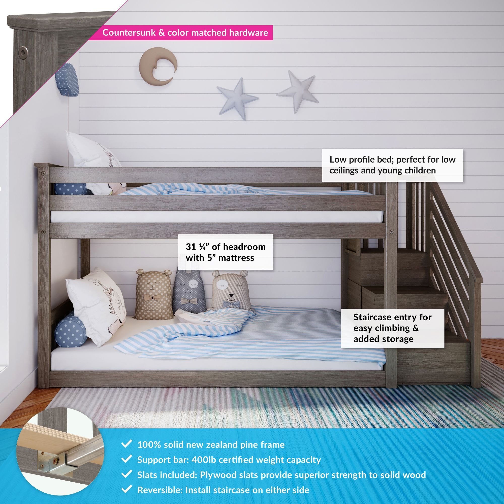 White Max /& Lily Bunk Bed with Staircase and Storage Drawers Twin