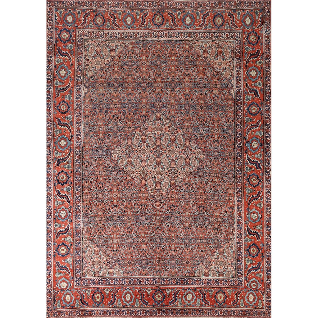 Hand Knotted Oriental 100% Wool Carpet Traditional Floral Oranges & Rust Senneh Area Rug - 11' 11'' X 9' 0''