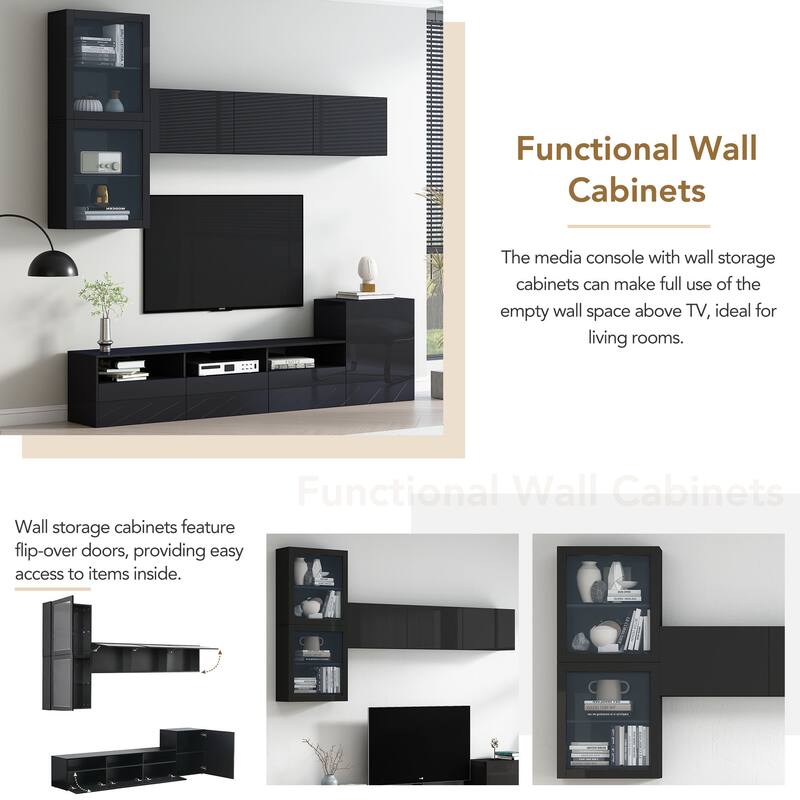 High Gloss TV Stand for TVs Up to 78", Wood Media Console Entertainment Center with Wall Mounted Floating Storage Cabinets