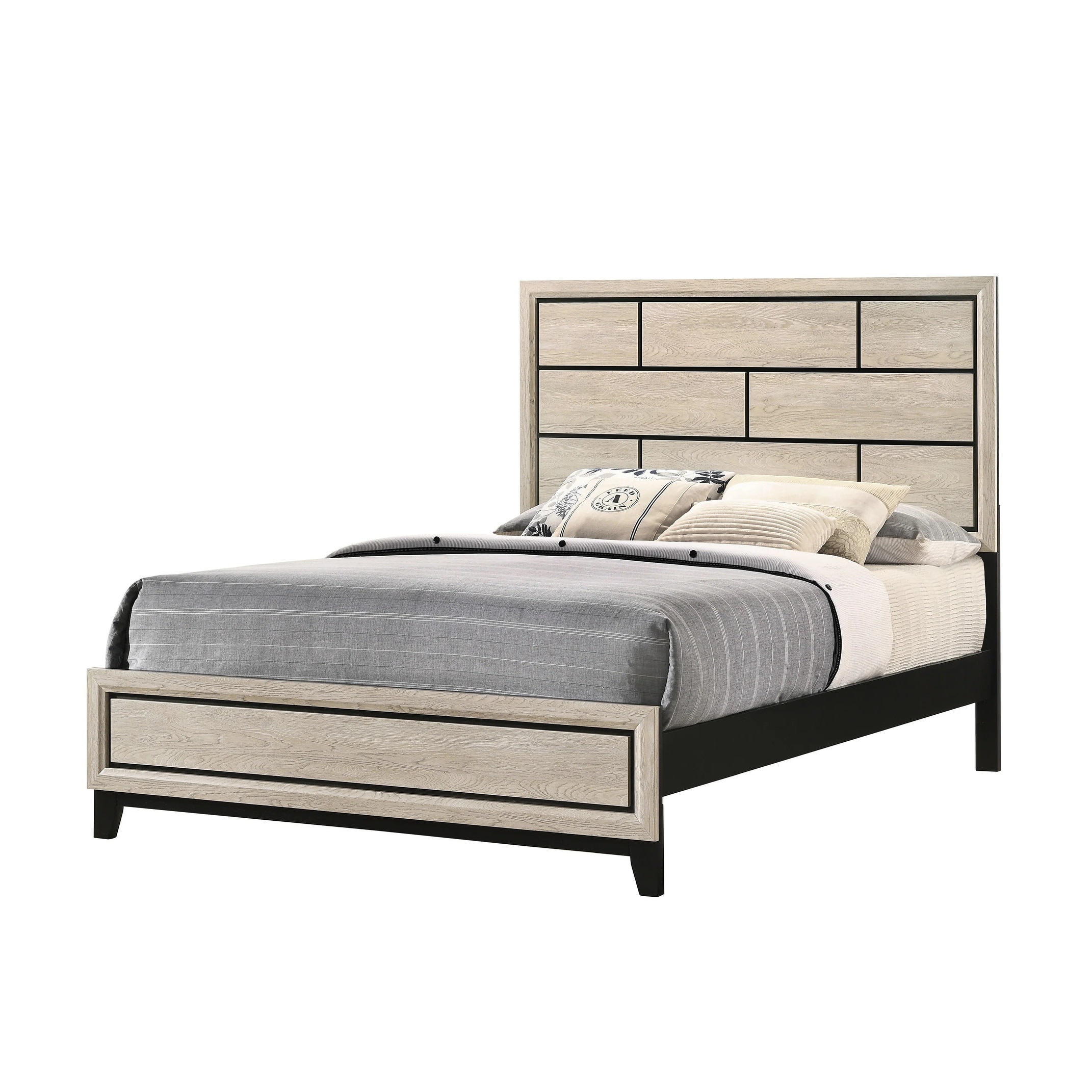 Queen Size Wood Contemporary Platform Bed with Geometric Headboard