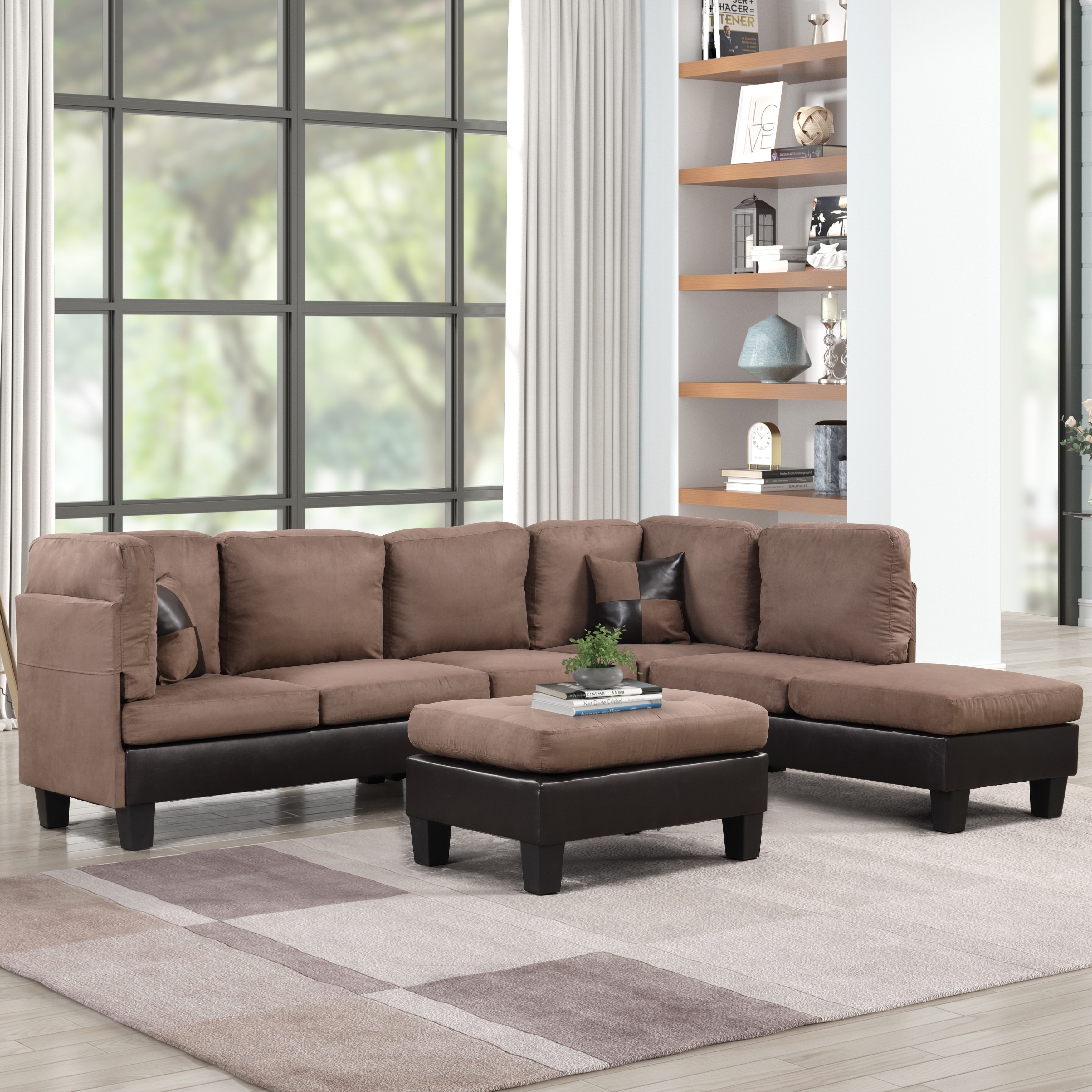 Modern Microfiber and Faux Leather Sectional Sofa and Ottoman Set