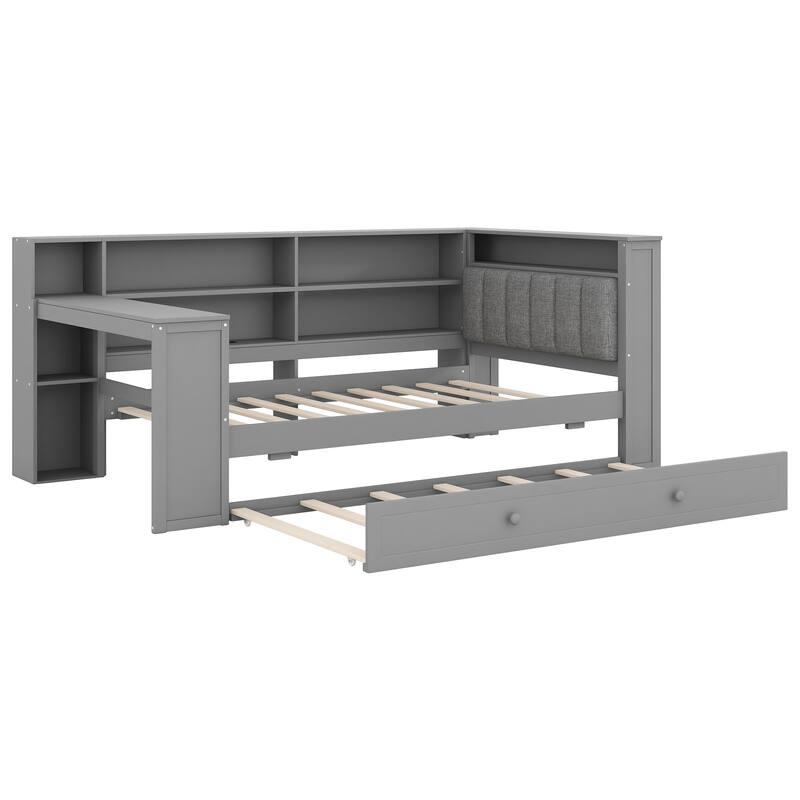 Roomfitters Twin/Full Platform Bed with Trundle, LED Headboard, Charging Station and Storage