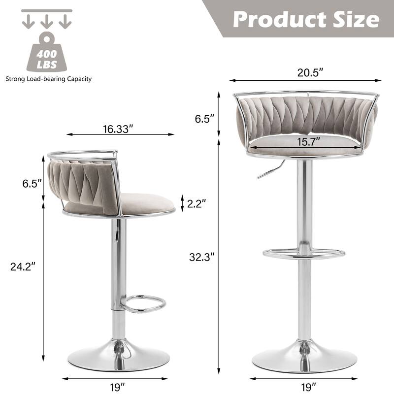4 Set Velvet Adjustable Swivel Bar Stools With Backs