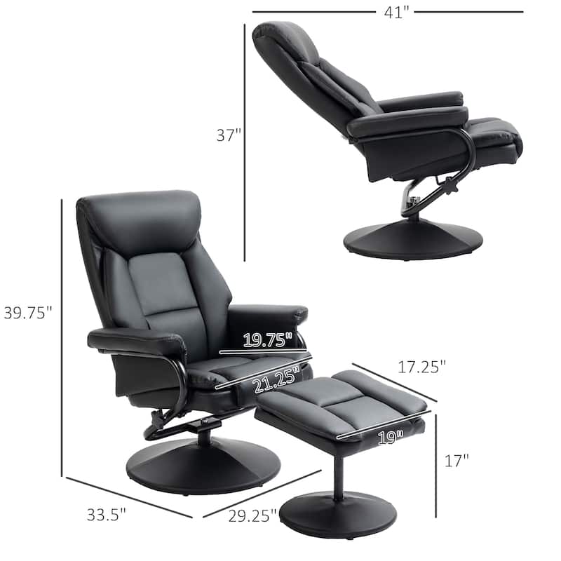 Black PU Leather Swivel Recliner Chair with Ottoman and Padded Armrests - 29.25" W x 33.5" D x 39.75" H