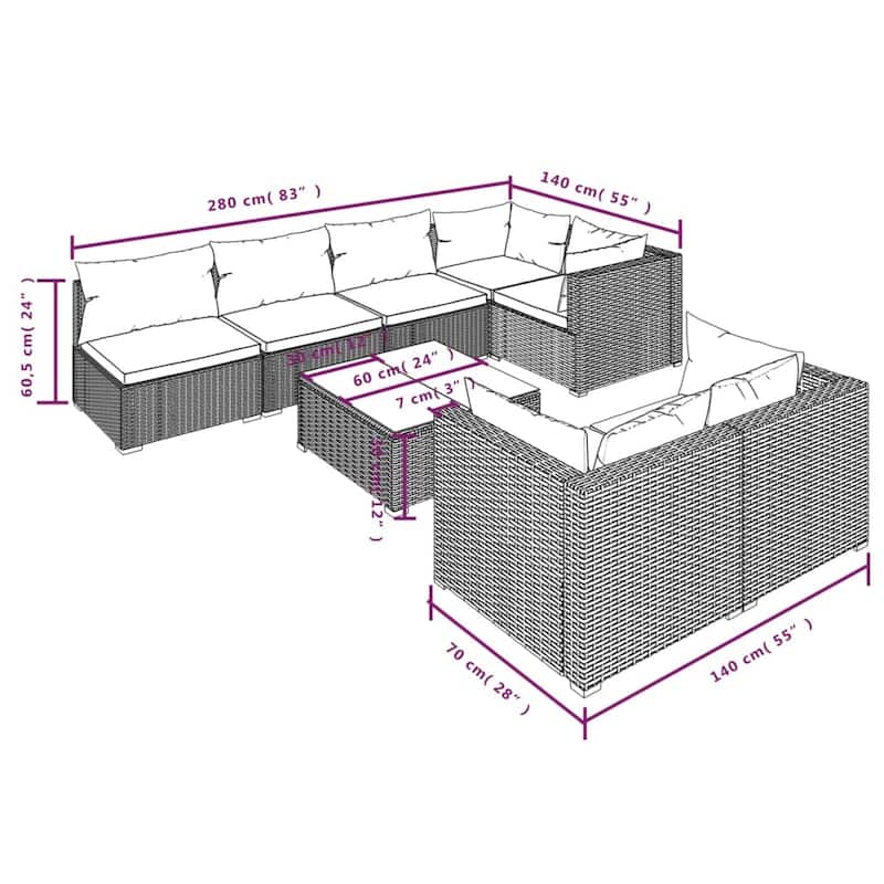 vidaXL Patio Lounge Set Outdoor Sectional Sofa Set Table Garden Poly Rattan - 27.6" x 27.6" x 23.8"