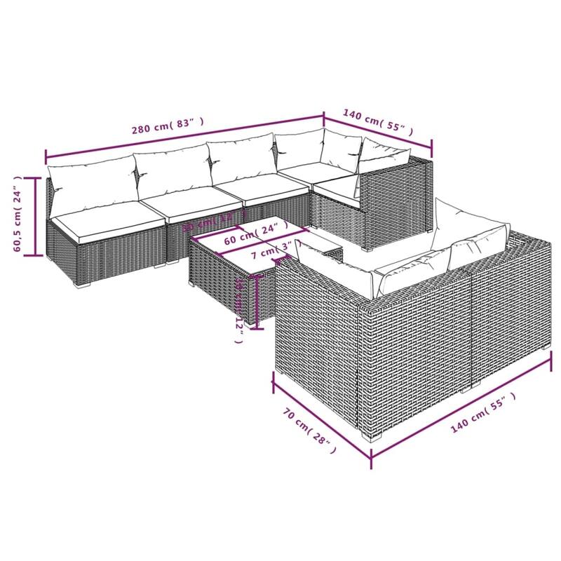 vidaXL Patio Lounge Set with Cushions Brown Poly Rattan - 27.6" x 27.6" x 24" - 27.6" x 27.6" x 24"