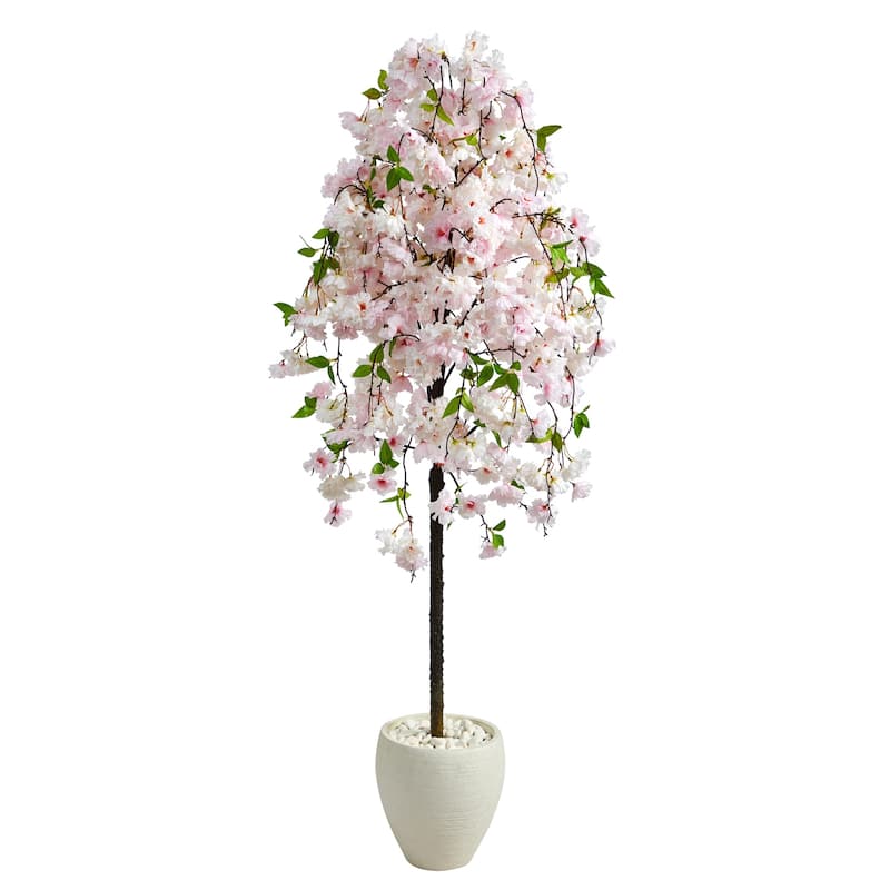 Artificial Cherry Blossom Tree 70 Inch Indoor Plant with Planter, Decorative Silk Tree for Home Office Decor