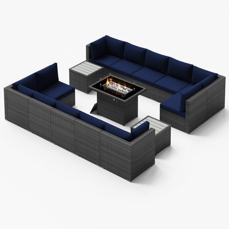 FINCATI Outdoor Grey Wicker Sectional Furniture Patio Sofa Set with Firepit Table