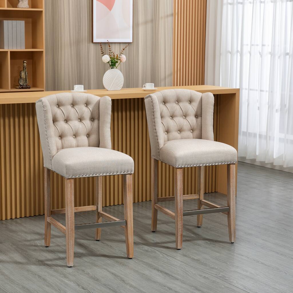 Set of 2 Beige Linen Counter Bar Stools with Foam Cushion and Rubber Wood Legs Footrest - 19.25"W x 23"D x 41"H
