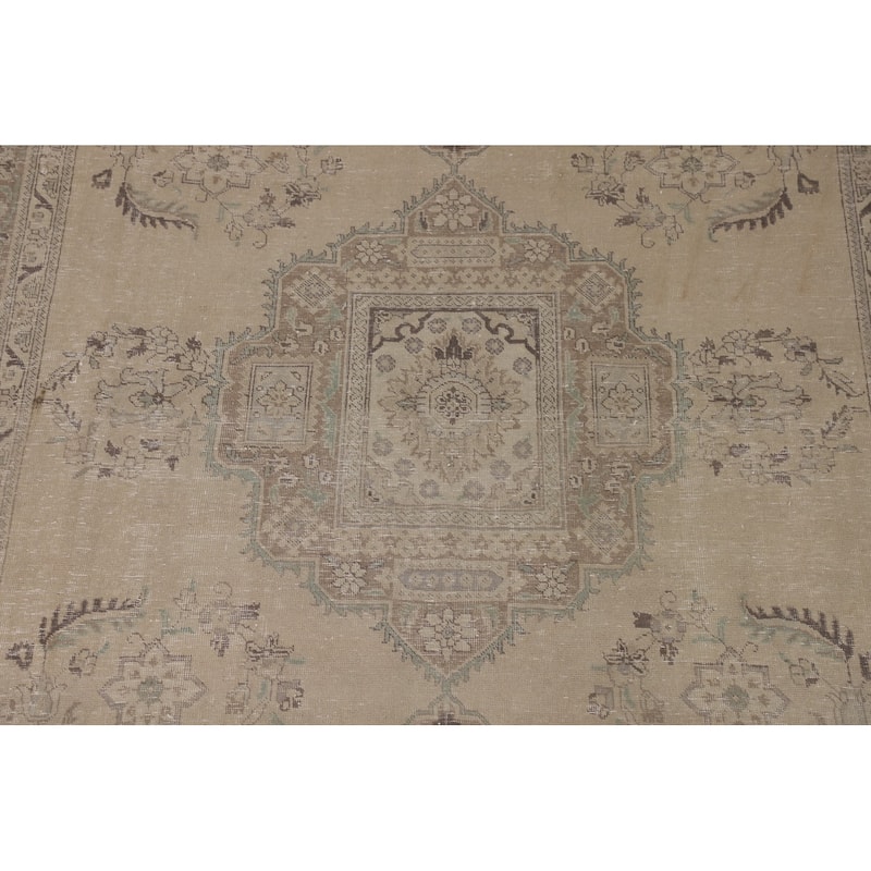 Distressed Tabriz Persian Vintage Area Rug Handmade Beige Wool Carpet - 7'9"x 11'0"