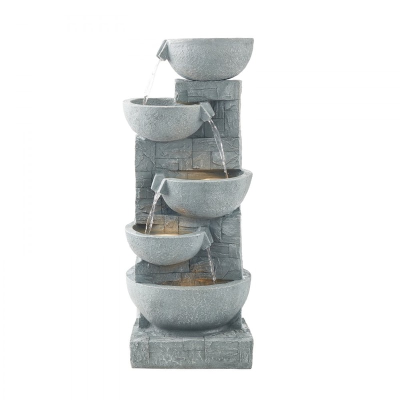 Modern Rock Grey 5-Tier Outdoor Water Fountain with LED Lights for Patio or Garden Decor - 12.99 x 12.20 x 31.50 in