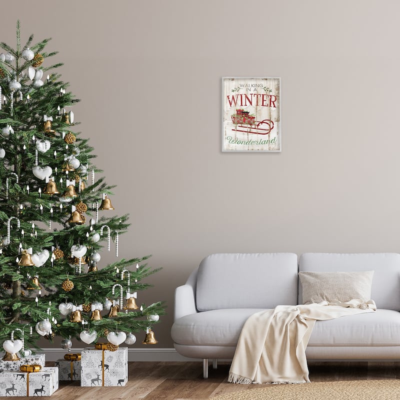 Stupell Winter Wonderland Red Sleigh Wood Texture Christmas Word Design Framed Wall Art, Proudly Made in USA