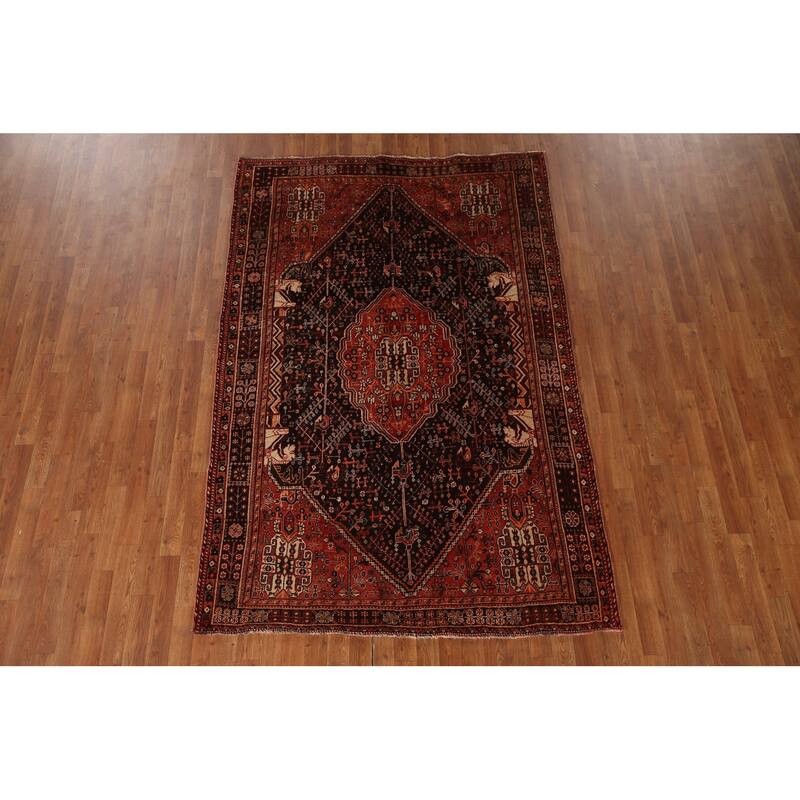 Black Tribal Shiraz Persian Vintage Area Rug Handmade Wool Carpet - 5'4"x 8'0"