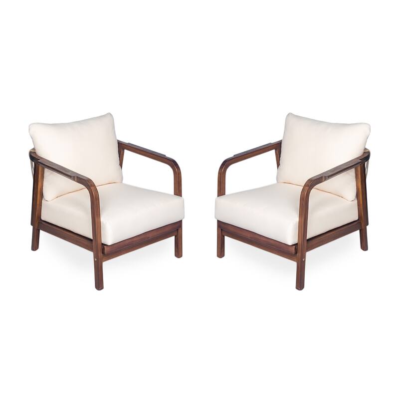 [Set of 2] 28" Outdoor Lounge Chair with Woven Backrest, Solid Wood Frame, Comfortable Cushions, and Curved Armrests