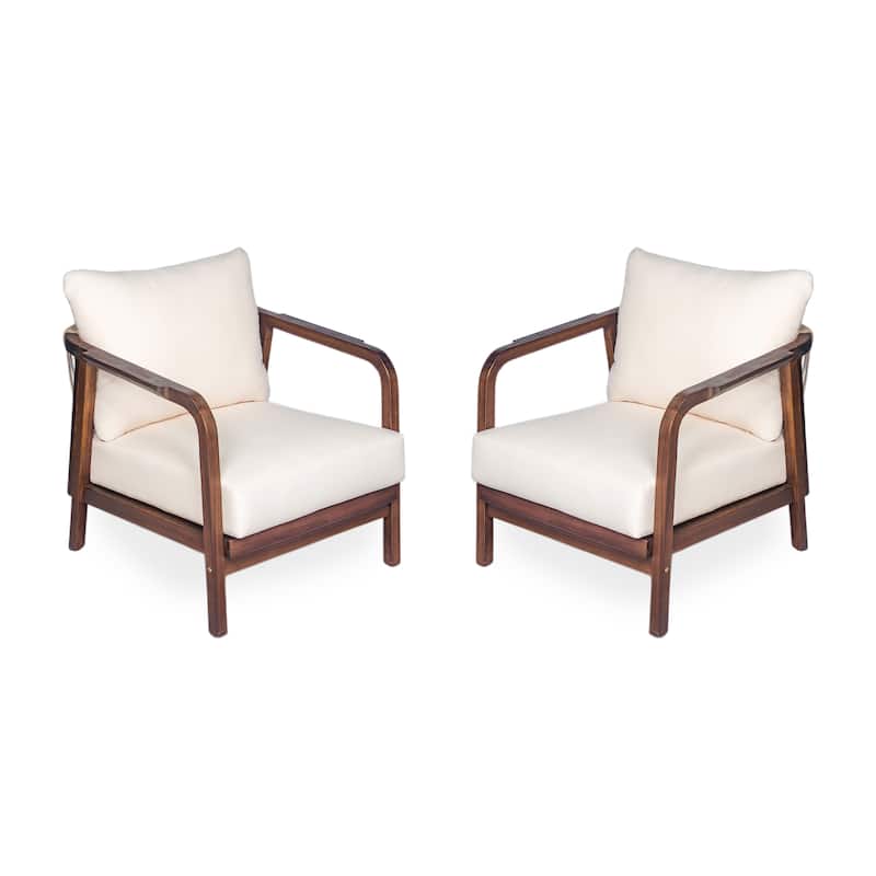 [Set of 2] 28" Outdoor Lounge Chair with Woven Backrest,Solid Wood Frame,Comfortable Cushions,Curved Armrests