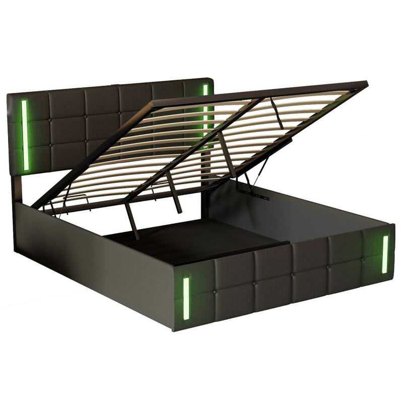 Queen Size Upholstered Bed with LED Lights,Hydraulic Storage System and USB Charging Station