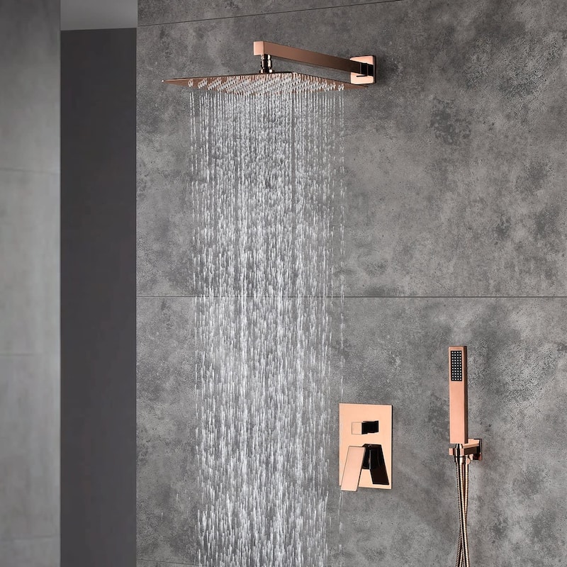 rose gold wall mount 12 inch rain head 2 way shower faucet with handle sprayer - 7'6" x 10'9"