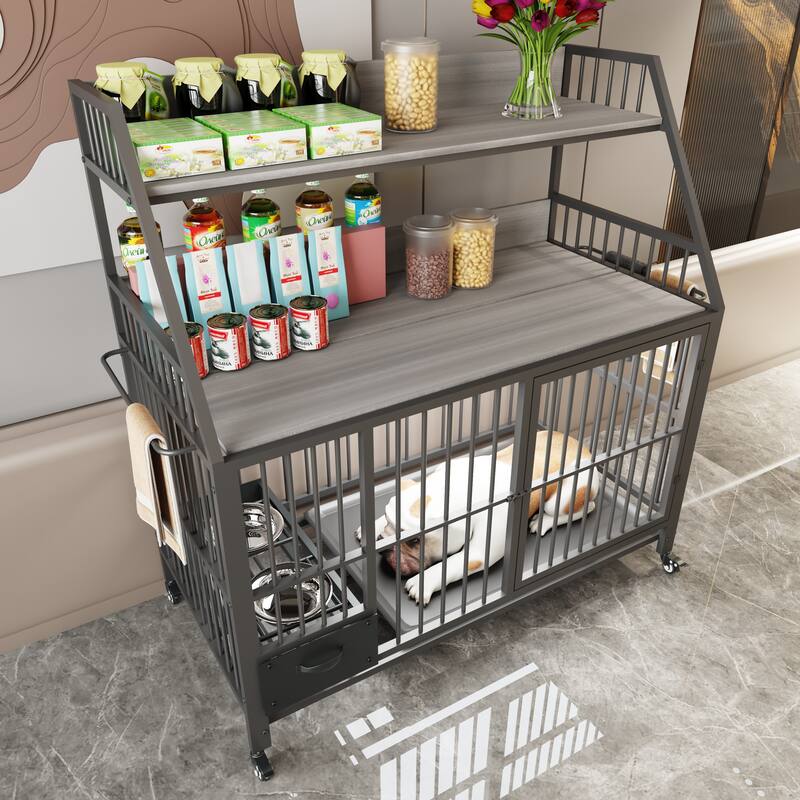 Large Pet Cage with Storage Rack, Drawers with Food and Water Basins, Double-Layer Storage Rack, Iron Frame and MDF Material