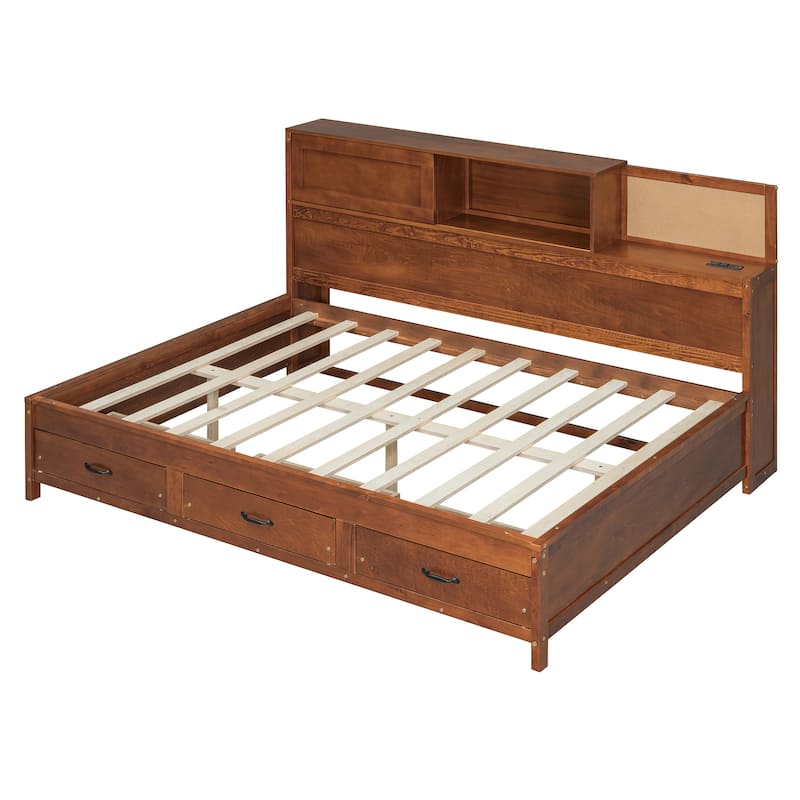 Full Size Wooden Daybed with 3 Storage Drawers, Upper Soft Board, shelf, and a set of Sockets and USB Ports
