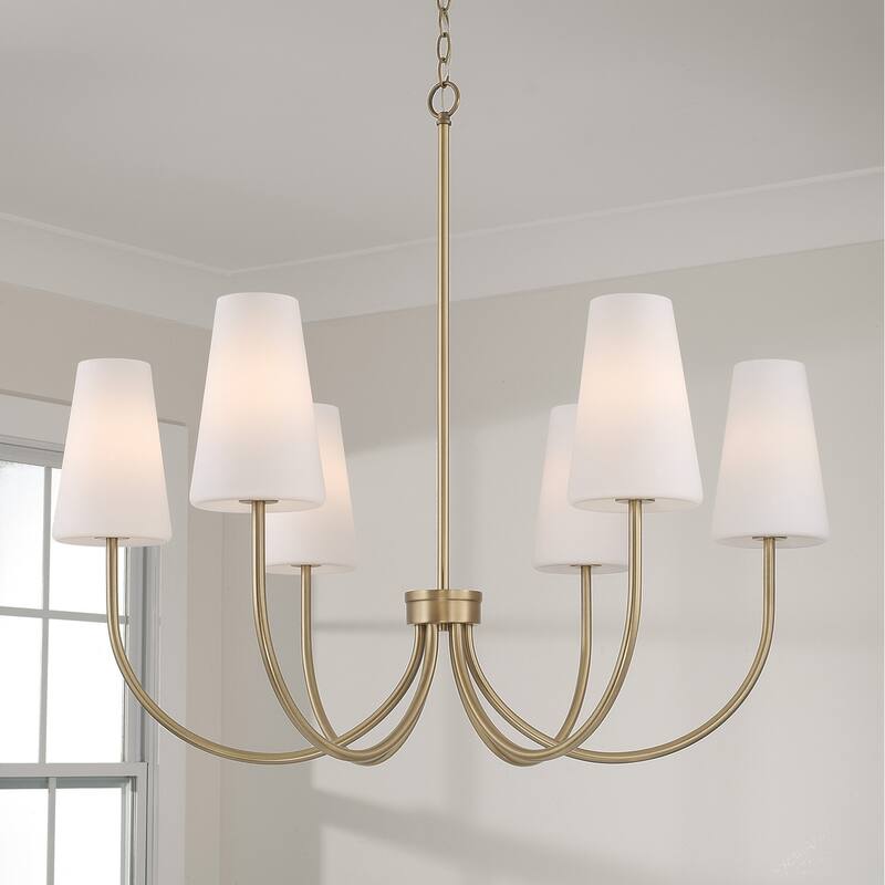 37.25" W x 26.5" H 6-Light Transitional Chandelier with Tapered Soft White Glass - 37.25"W x 33.25"H
